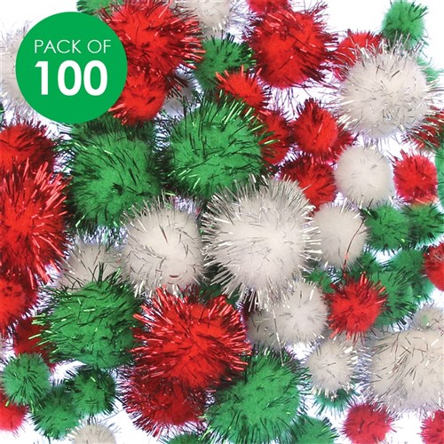 Christmas Pom Poms - Glitter - Pack of 100